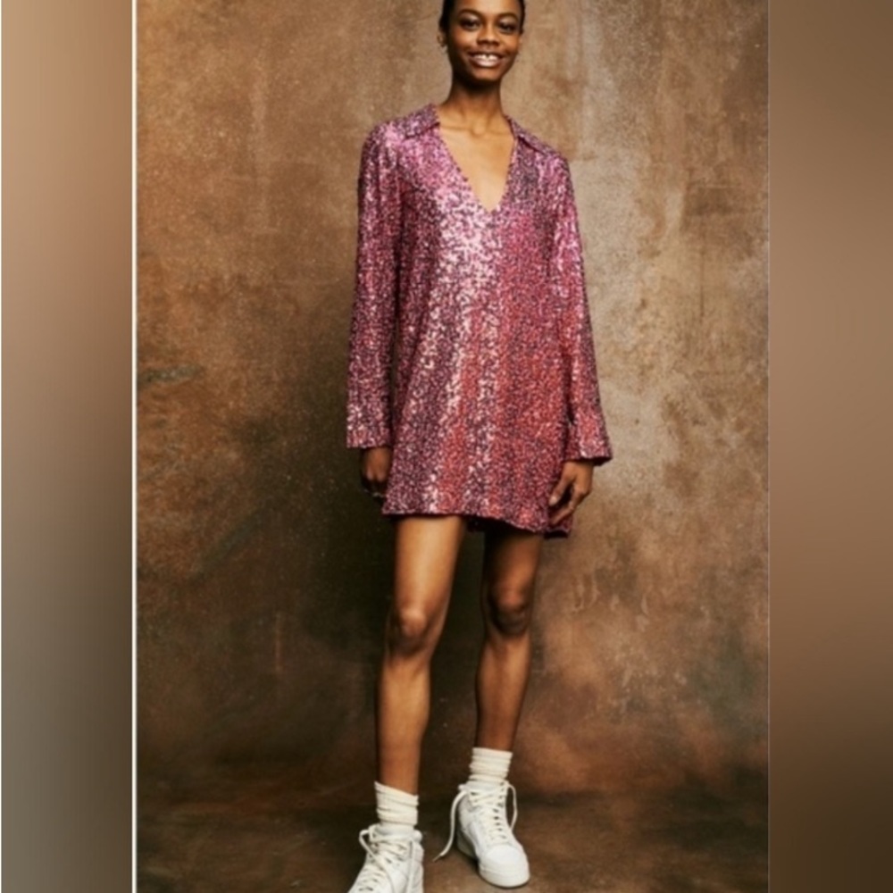 NWT Free People Selena Hot Pink Sequin Shirtdress